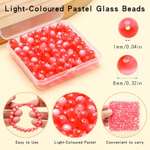 200pcs Glass Beads for Bracelets, 8mm Crystal Glass Round Beads for Jewelry Making, DIY Crafts, Single Box (Rose Pink) - color: Rose Pink