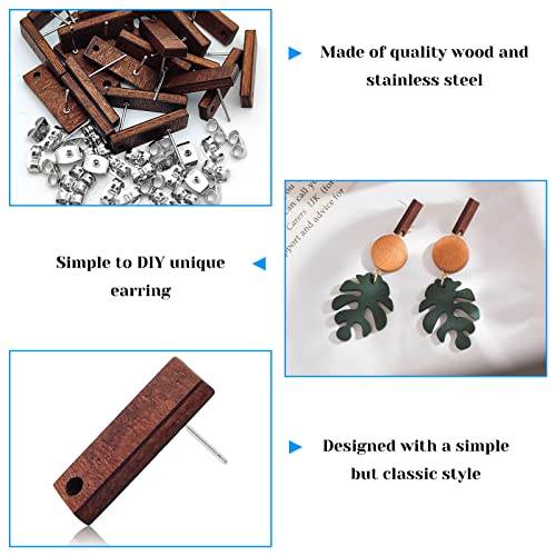 Wood Earring Posts for Jewelry Making,80Pcs Wood Earring Studs Earring Findings Wooden Stud Earring Posts Earring Pin Studs Bulk with Earring Backs for DIY Jewelry Making Earrings Making Supplies - color: Rectangle-80Pcs