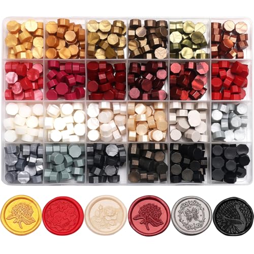 24 Colors Octagon Sealing Wax Beads for Wax Seal Stamp, Decor for Envelope Wedding Invitation and Sealing Letter-600pcs Metallic Assorted Color Wax Seal Beads (24 Golden Red Colors) - color: 24 Golden Red Colors
