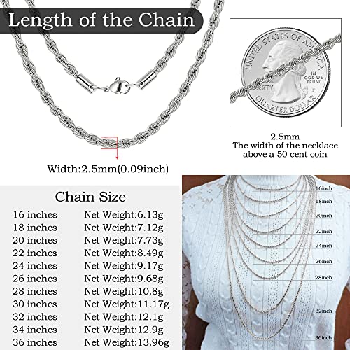 Twist Chain Necklace - Stainless Steel Rope Jewelry for Men & Women - size: 24 Inches, style: 2.5 mm Wide