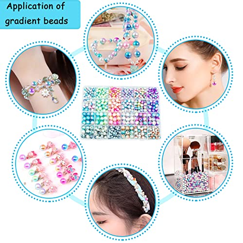 1150 pcs Gradient Mermaid Imitation Pearl Beads for Craft, Faux ABS Smooth Filler Rainbow Assorted Sizes 6mm 8mm 10mm Pearl Beads for DIY Jewelry Earrings Necklaces Bracelets Making