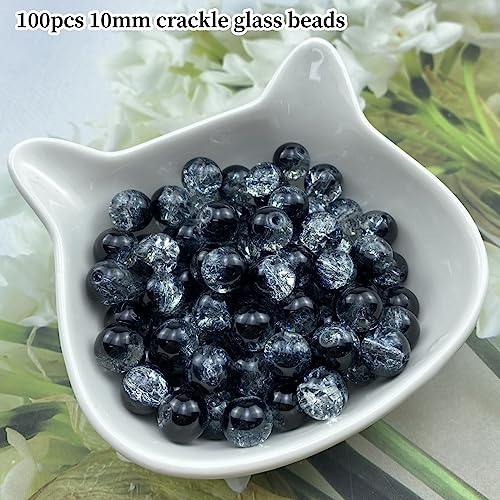 100pcs Crackle Glass Beads 10mm Round Crystal Glass Spacer Crafts Beads for Jewelry Making Necklace Bracelet Earrings DIY Crafts(Black) - color: Black, size: 10mm