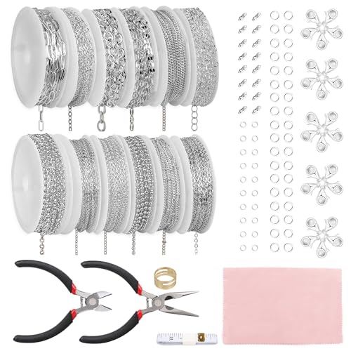 Fesorsi Silver Chain for Jewelry Making, 95ft 12 Style Steel Jewelry Chain, Electroplating Process, for DIY Necklace Chains, Tassel Pendants, with Jump Ring, Lobster Clasp, Pliers - color: Silver, size: 95ft 12Style