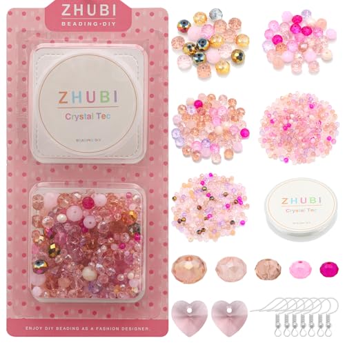 Pink Crystal Beads for Jewelry Making, Assorted Rondelle Glassl Beads with Crystla Heart Pendant - Mixed 2/4/6/8/10mm Bead for Bracelet Necklace Earrings and Crafts - color: Pink