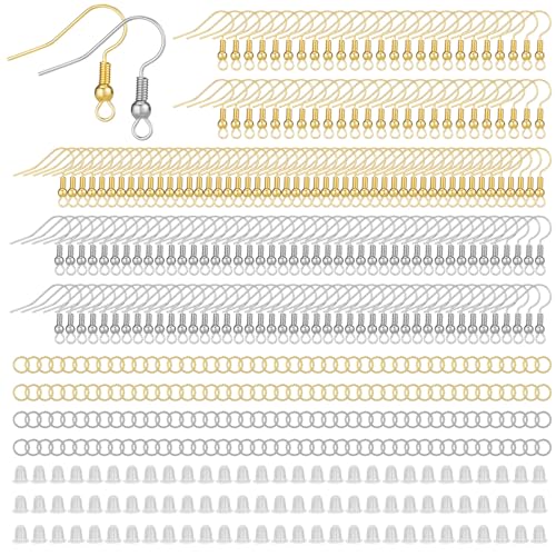 600 Pcs Earring Hooks for Jewelry Making, Earring Making Supplies Kit with Ear Wires Fish Hooks & Backs & Jump Rings for DIY Earrings Supplies, Gold and Silver