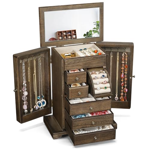Jewelry Box for Women, Rustic Wooden Jewelry Boxes & Organizers with Mirror & Drawers,6 Layer Jewelry Organizer Box for Rings Earrings Necklaces Bracelets (Vintage) - color: Vintage