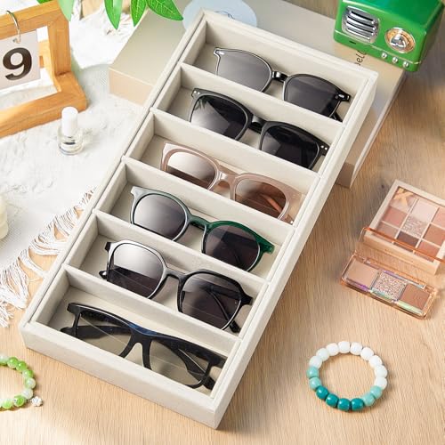 Juexica 4 Pcs Velvet Sunglasses Organizer Tray 6 Grid Sunglass Organizer Velvet Tray Stackable Glasses Display Case for Women Glasses Jewelry Display Watch (Beige) - color: Beige