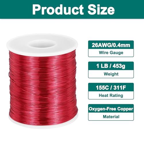 MECCANIXITY 26 AWG Magnet Wire, 26 Gauge Enameled Copper Wire, 1 Lb Magnetic Coil Wire for Transformer, Motor, Electric, 155C(311F) - size: 26 AWG