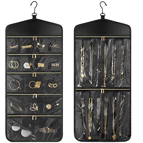 CHICECO Travel Jewelry Holder Organizer,Hanging Jewelry Organizer Storage with Zippered Pockets for Cloest,Jewelry Holder for Earrings, Necklaces（Black） - color: Black
