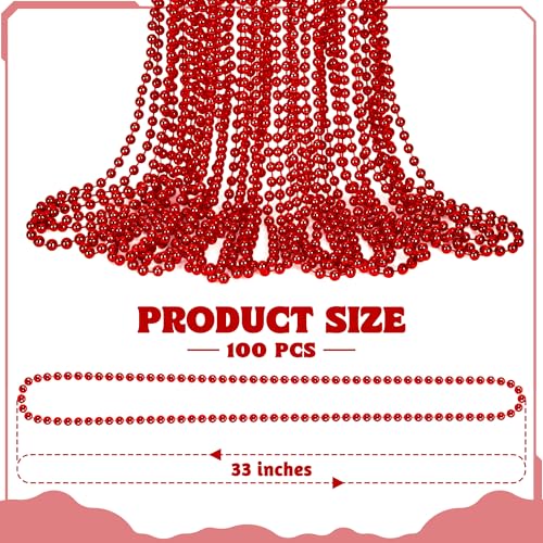 Huskein 100 PCS Christmas Beads Bulk, 33" Valentines Day Beads Necklaces, Mardi Gras Beads Necklaces Bulk, Red Round Beads For Parade Carnival Accessories Party Supplies Favors - color: Red