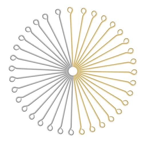 TOAOB 200pcs 24mm Eye Pins for Jewelry Making Gold Silver Brass Wire Open Head Pins Findings for DIY Crafts Necklaces Bracelets Earrings - size: 24mm