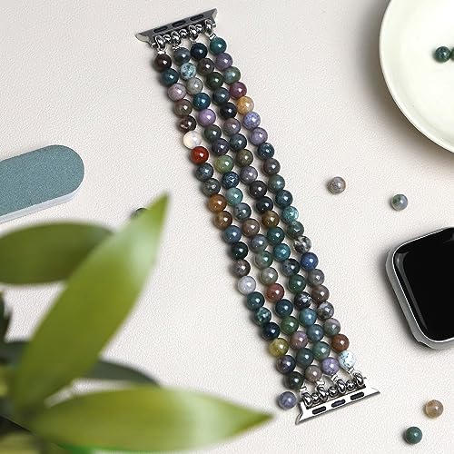 Newlibery Natural Stone Bracelet Beaded-Bands Women Compatible with Apple Watch 38mm 40mm 41mm 42mm (S10/11) Feminine Cute Handmade Stretch Strap for iWatch Series 11/10/9/8/7/6/5/4/3/2/1 SE 3/2/1 - color: A1 Indian Agate, size: 38/40/41/42mm(S10/11)