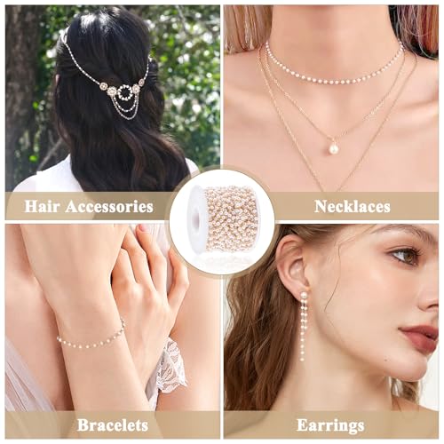 Lainballow 49Ft 3mm Pearl Beads Chain Faux Pearl Beads for Crafts Pearls Garland with Gold Plated Stainless Steel Link Chain Artificial Pearls Chain Trim for Bracelet Necklace Wedding Christmas Party
