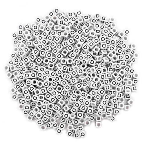 600PCS 6x6mm Square Acrylic Letter Beads D for Friendship Bracelets Jewelry Making, White Acrylic Cube Base with Black Alphabet Beads for DIY Crafts Bracelets Necklaces Key Chains Phone Lanyard - color: Letter D(Black on White)