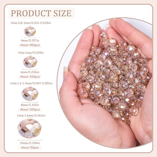 850Pcs 4/6/8/10mm Crystal Glass Beads for Jewelry Making Faceted Rondelle Flat Beads for Bracelets Necklace Earrings DIY Crafts(Champagne Crystal AB Bead) - color: Champagne AB