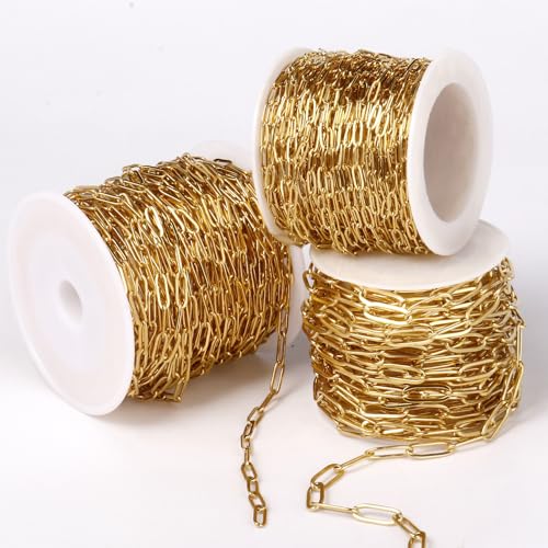 [33 Ft] Stainless Steel Paperclip Chains Roll, 2.5mm Width 18K Gold PVD Plated Stainless Steel Oval Link Chains Spool Bulk for Jewelry Making - color: 18k gold(2.5mm)