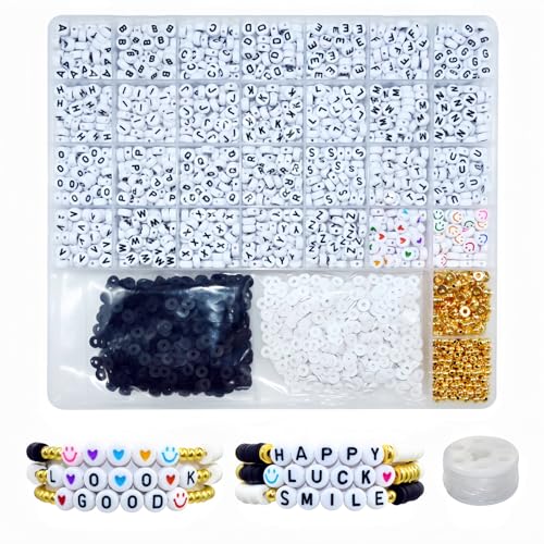 Looconi 3800pcs Beading Kits Letter Beads A-Z Clay Beads Gold Spacer Beads Smiley Beads and Heart Beads for Jewelry Making - color: LetterClayWhiteBlakc