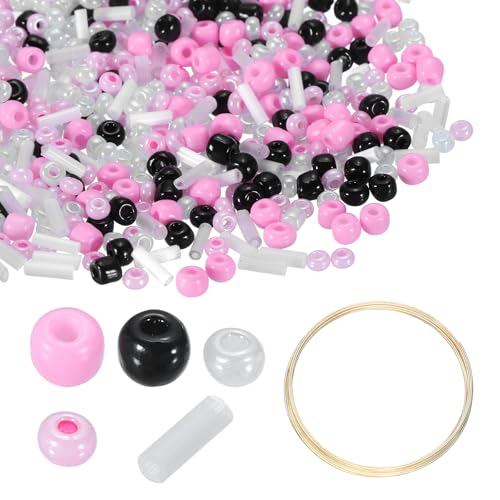 uxcell 1Set Glass Seed Beads, 1.5-4.5mm Small Embroidery Bugle Beads Assorted Tube Bead Loose Kit for Jewelry Making DIY Craft Beading Bracelets Necklace Earring (Black Pink) - color: Black Pink