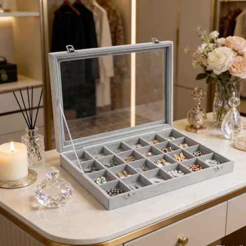 Wudygirl Jewelry Organizer Velvet Jewelry Tray 24 Grid Jewelry Box Earring Holder Organizer Removable Display Case Organizer Glass Top Lid & Lock (24 Grid) - style: 24 Grid Tray