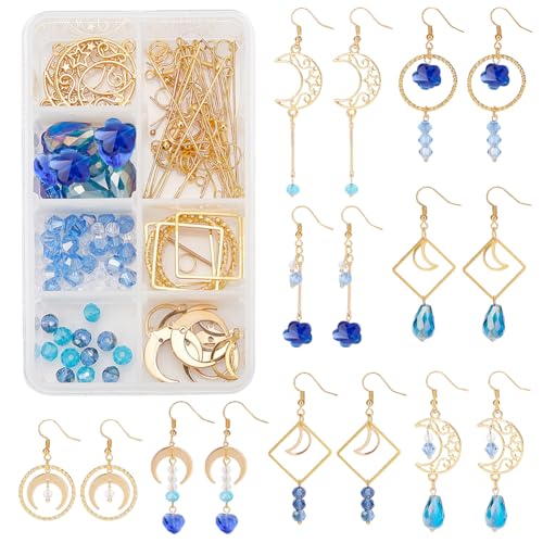 SUNNYCLUE 1 Box DIY 8 Pairs Blue Moon Earrings Making Starter Kit Including Moon Geometric Linking Connector Charms Teardrop Flower Beads Earring Findings for Women Earring Making Crafts