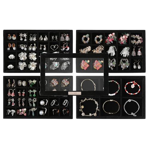 Frebeauty Earring Holder Stackable Jewelry Trays,Velvet Drawer Jewelry Organizer with Glass Lid, 5 in 1 Jewelry Box for Earrings Rings Studs,10.5 x 6.5 x 5.55 Inches Gift for Women (Black) - color: Black, size: Set5-B