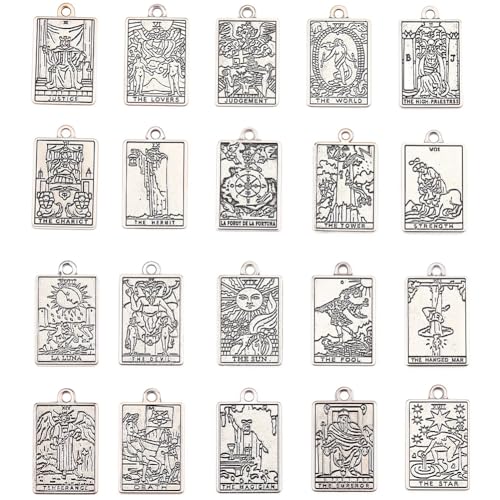 SUNNYCLUE 1 Box 40pcs 20 Styles Silver Tarot Card Charms Tarot Charms Bulk Antique Silver Tibetan Style Rectangle Moon Sun Star Lucky Ouijas Halloween Gothic Pendants Bulk for Jewelry Making Earrings - color: Antique Silver
