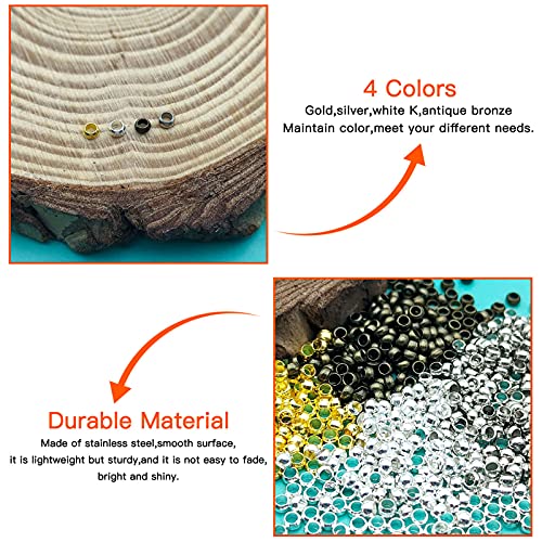 2000Pcs Round Rondelle Crimp Beads for Jewelry Finding,Tiny Crimps Stopper Beads Clamp Caps End Stopper Tiny Brass Spacer Beads 1.5mm Hole for DIY Jewelry Making,Bracelet Necklace Earring - color: 2000pcs;Gold,Silver,White K,Antique bronze