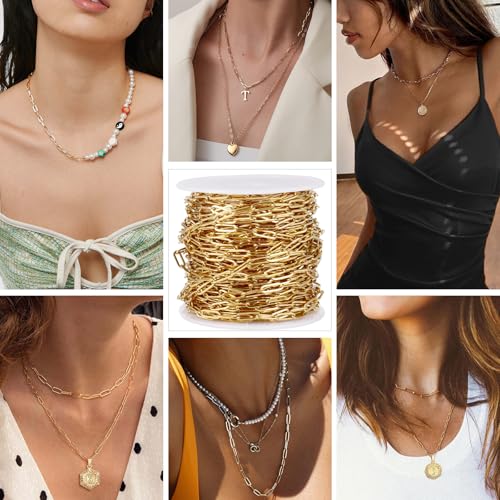 [33 Ft] Stainless Steel Paperclip Chains Roll, 2.5mm Width 18K Gold PVD Plated Stainless Steel Oval Link Chains Spool Bulk for Jewelry Making - color: 18k gold(2.5mm)