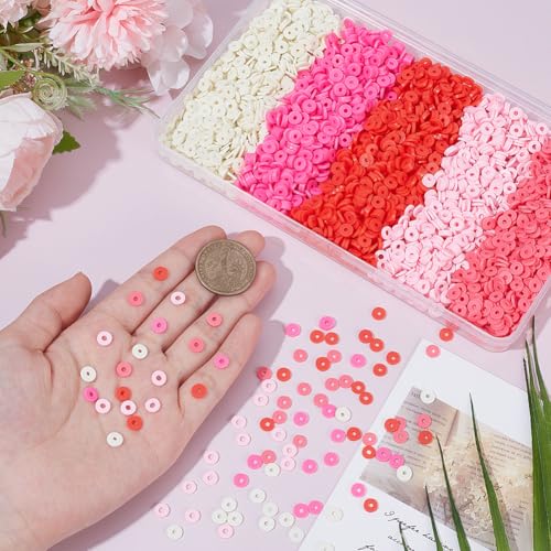 SUNNYCLUE 1 Box 3600pcs 6mm Valentine's Day Pink Clay Beads Clay Heishi Beads White Red Pink Round Polymer Disc Slice Heishi Loose Spacer Bead for Jewelry Making Supplies Bracelets Necklaces Women - style: Style 2