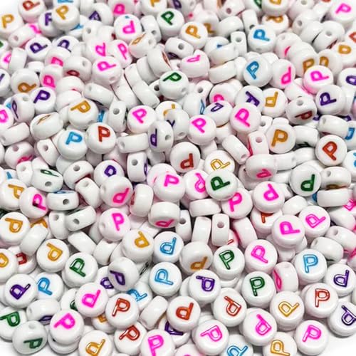 500PCS 4x7mm Acrylic Letter Beads P for Friendship Bracelets Jewelry Making, White Round Flat Acrylic with Colourful Alphabet Beads for DIY Crafts Bracelets Necklaces Key Chains Phone Lanyard - color: P(colourful on white)