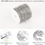 16Ft Stainless Steel Paperclip Chain for Jewelry Making, 4.5mm Width Silver Paper Clip Link Chains Roll for DIY Necklace Bracelet Craft Jewelry Making Supplies with Lobster Clasps Soft Tape Measure - color: Paperclip 4.5mm Silver