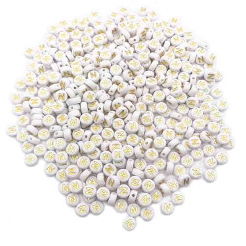 500PCS 4x7mm Acrylic Letter Beads N for Friendship Bracelets Jewelry Making, White Round Flat Acrylic with Golden Alphabet Beads for DIY Crafts Bracelets Necklaces Key Chains Phone Lanyard - color: N(Golden on White)