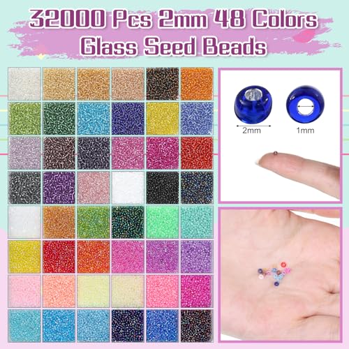 32000 Pcs 2mm Glass Seed Beads Small Craft Beads and 12000 Pcs 7mm Tube Bead Set, Glass Seed Bead Kit for DIY Bracelet Necklaces Crafting Supplies with Elastic Strings Beading Needles 96 Colors