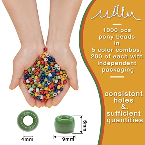 MIIIM 1000PCS 6x9mm Earth Tone Pony Beads Bulk, 5 Styles Kandi Beads for Bracelets Making Kit, Hair Braids Crafts for Jewelry Making (Earth) - color: Earth