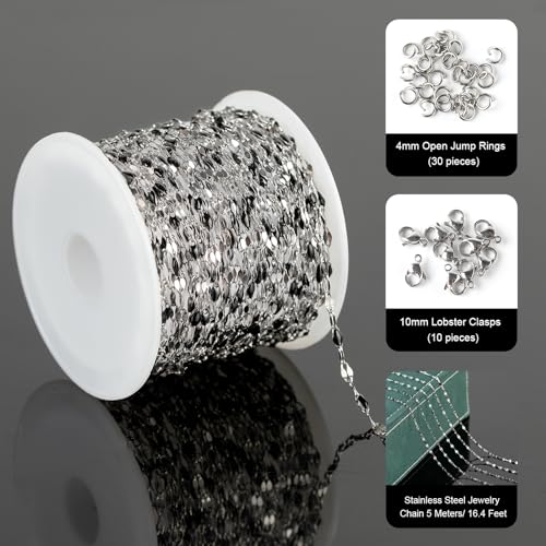 UMAOKANG 16.4 Feet Jewelry Making Chains Stainless Steel Chain Bulk DIY Necklace Supplies Black Enamel Lip Chain with Jewelry Findings - color: Steel-Black