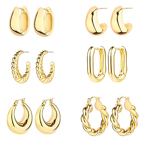 6 Pairs 14K Gold Plated Hoop Earrings for Women Lightweight Chunky Hoop Earrings Multipack Hypoallergenic, Thick Open Twisted Huggie Hoops Earring Set Jewelry for Gifts. - color: Gold