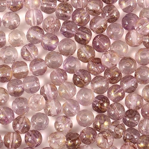 200Pcs Glass Round Beads 8mm Transparent Ink Wash Dye Sprinkled Gold Scattered Beads Handmade DIY Bead Material Bracelet Accessories (Purple) - color: Purple