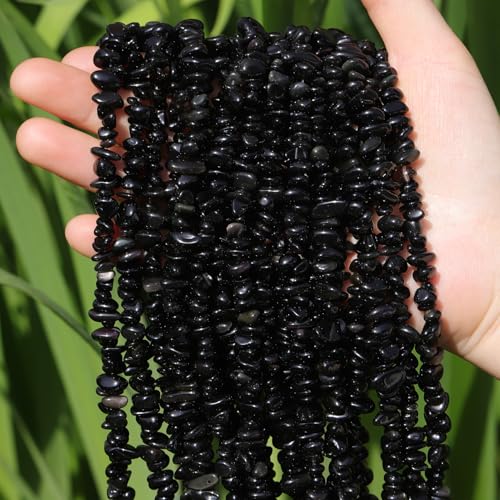 400pcs Natural Chip Stone Beads for Jewelry Making Obsidian 5-8mm Irregular Gemstones Healing Crystal Loose Rocks Bead Hole Drilled for Ring Earrings Necklace Bracelet Making DIY Art Crafts - color: Obsidian(2 Strands-62")