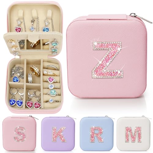 Sparkling Initial Jewelry Box Organizer,Personalized Travel Jewelry Box for Girls & Women,Glitter Rhinestone Jewelry Case Gifts for Easter, Birthday & Christmas,Small Size (Pink, Z) - color: Pink, size: Z