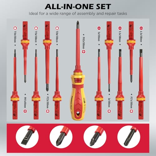 1000V Insulated Electrician Screwdriver Set - 13-Piece Professional Electrical Screwdriver Set Insulation Handle CRV Steel Magnetic Phillips Slotted Pozi Torx Tips VDE & GS Certified - style: 13 PCS VDE Interchangeable Pro