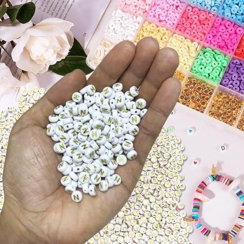 500PCS 4x7mm Acrylic Letter Beads N for Friendship Bracelets Jewelry Making, White Round Flat Acrylic with Golden Alphabet Beads for DIY Crafts Bracelets Necklaces Key Chains Phone Lanyard - color: N(Golden on White)