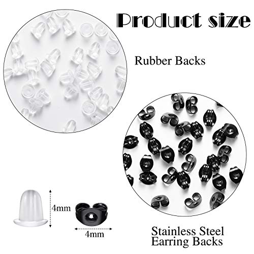 Hicarer 200 Pieces Stud Earring Kit, Including 50 Pieces 12 mm Stainless Steel Blank Stud 50 Rubber Back, 50 Pieces 12 mm Clear Glass Cabochons 50 Stainless Steel Earring Back for DIY Making (Black) - color: Clear
