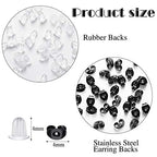 Hicarer 200 Pieces Stud Earring Kit, Including 50 Pieces 12 mm Stainless Steel Blank Stud 50 Rubber Back, 50 Pieces 12 mm Clear Glass Cabochons 50 Stainless Steel Earring Back for DIY Making (Black) - color: Clear