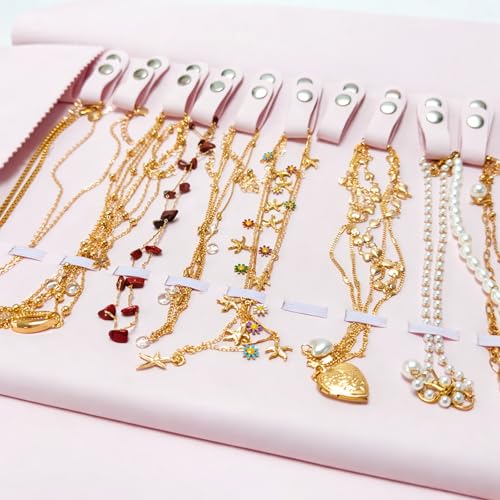 UnionPlus Travel Jewelry Roll, Faux Leather Necklaces Organizer Bag, Elastic Band and Anti-winding, Petal Pink - color: Leather Petal Pink, size: Medium