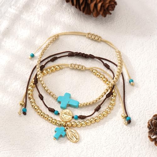 Christian Cross Jesus Pendant Charm Gold Rope String Beaded Bracelets Stack Set for Women,Handmade Bohemian Colorful Adjustable Jewelry,God Lucky Protection Friendship Gift - color: Blue