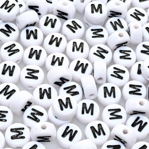 Amaney Letter Beads M 100pcs 7x4mm White Round Acrylic Black Alphabet for Bracelet Jewelry Making - color: M