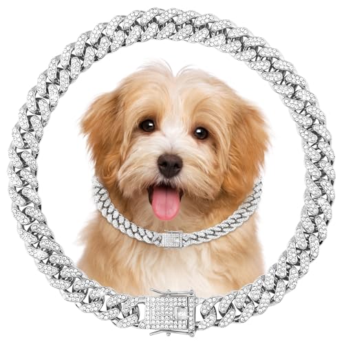 Silver Dog Collar 8 Inch - Cuban Link Small Collars for Dogs, Bling Metal Dog Collar, Diamond Cat Chain Necklace, Adjustable Pet Jewelry for Tiny Breeds - size: 8 inch