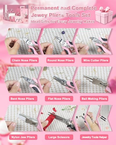 Toolour Jewelry Pliers Set Jeweler Making Tools with 6 Rolls Beading Wire Kit for Jewelry Supplies DIY Hobby Repair Crimping Wrapping,Pink Professional Craft Pliers for Adults Beginner