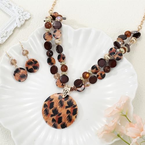 Layered Beads Statement Fashion Necklace Chunky Jewelry Set Big Colorful Glass Stone Circle Shell Pendant Choker Necklace and Earring Set for Women - color: leopard brown