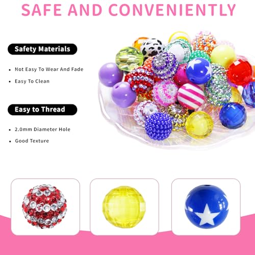Exway 100 Pcs 20mm Beads for Pens Rhinestone Bubblegum Beads Mixed Crystal Acrylic Round Chunky Bead Sparkly Craft Large Balls Bead for Pen Beadable Keychain Bracelet DIY Jewelry Making Supplies - color: Colourful